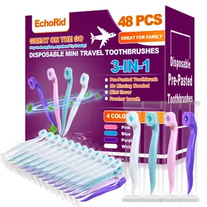 3-in-1 toothbrush, 48 disposable toothbrushes, mini travel toothbrush, soft-bristled toothbrush, ready-to-use toothbrush, travel oral care tool, no need to rinse, mint flavor for fresh breath, Toothbrush Set, 4 colors
