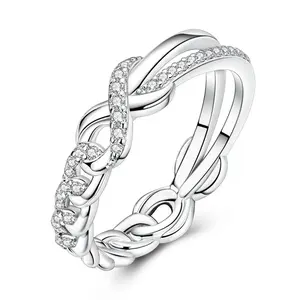 MULA S925 Silver-plated infinity chain ring, plated with platinum and CZ, elegant twist ring, perfect gift for girls and women for birthday, graduation, Valentine's Day