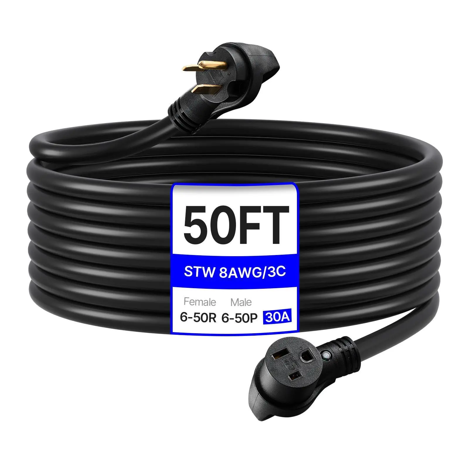 【Summerfinds】VEVOR 30-Amp Generator Extension Cord, 50 Foot, 250 Volts 7500 Watts Heavy Duty Power Cable, NEMA 6-50P to 6-50R SWT 8AWG Flexible Welder Extension Cord, with Storage Bag, for Generators, ETL Listed