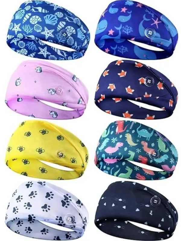 8 Pieces Nursing Headbands with Buttons for Nurses Doctors Women Face Covering Ear Protection Holder Non Slip Elastic Hair Bands Wide Head Wraps for Spa Yoga Sports Workout (Classic Patterns)