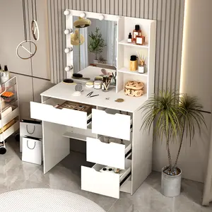 Vanity Dressing Table Mirror with 10 LED Lights Makeup Desk 4 Drawers White Modern MDF Construction Large Table Top Storage Organizer for Bedroom Living Room