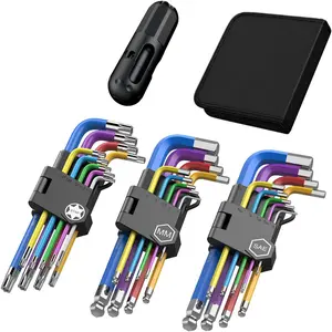 Professional 27PCS hex wrench set, long ball and star hex wrench set, hex socket wrench set with T-shaped handle, color coded, chrome vanadium steel, used for bicycle repair, home DIY, 1.5-10mm, T10-T50, 1/16-3/8