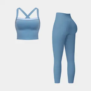 MFVIM women’s faux two-piece set featuring a crisscross back tank top and high-waisted solid-color pants, casual activewear suitable for fitness and yoga workouts