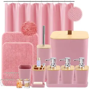 27PCS Pink Complete Bathroom Set - Includes Shower Curtain, Non Slip Super Absorbent Rugs and Trash Can, All-in-one Full Bathroom Accessories Decor Set