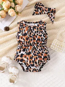 Baby Leopard Print Sleeveless Jumpsuit Set with Hairband, Bodysuit, Baby Girl Clothes, Breathable Summer, Easy Wear Snap Closure, Perfect for Outdoor Photoshoots