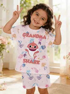 Grandma Shark Baby Girl Set Digital Printing 100% Polyester Baby Short-sleeve Set, Outfit, cute baby girl casual clothing, suitable for daily and outdoor sports T-shirts, a perfect gift for babies and toddlers