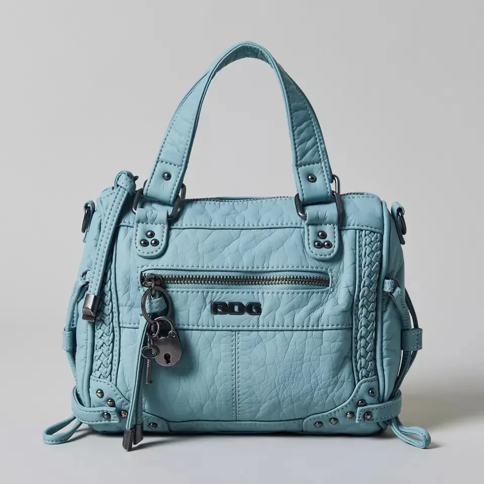 BDG Mini Cindy Shoulder Bag - Light Blue, Zip Closure, Studded Details, Heart Locket Charm, Convertible Crossbody, Soft Faux Leather, Everyday Carry Bag
