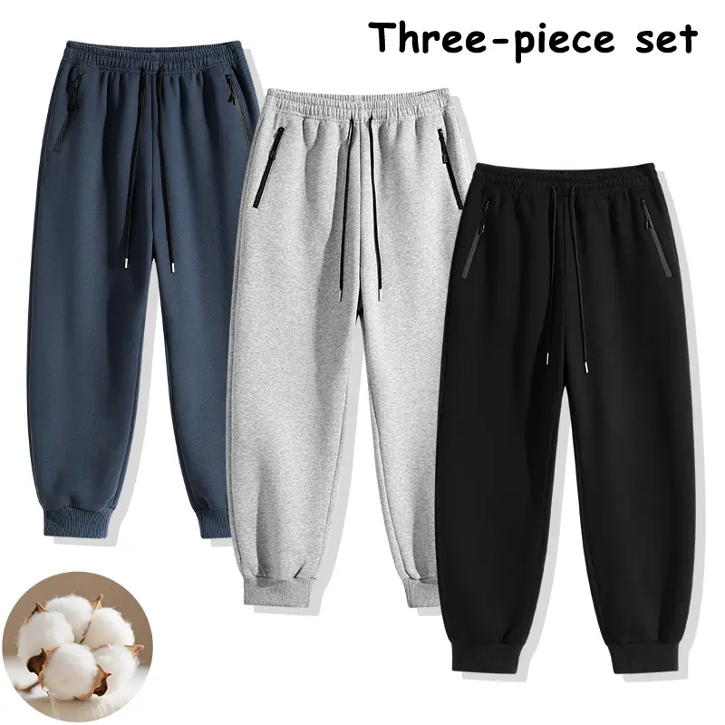 3-Piece Set Breathable Cotton Track Joggers, Elastic Waist Cuffed Sweatpants with Anti-Theft Zippered Pockets
