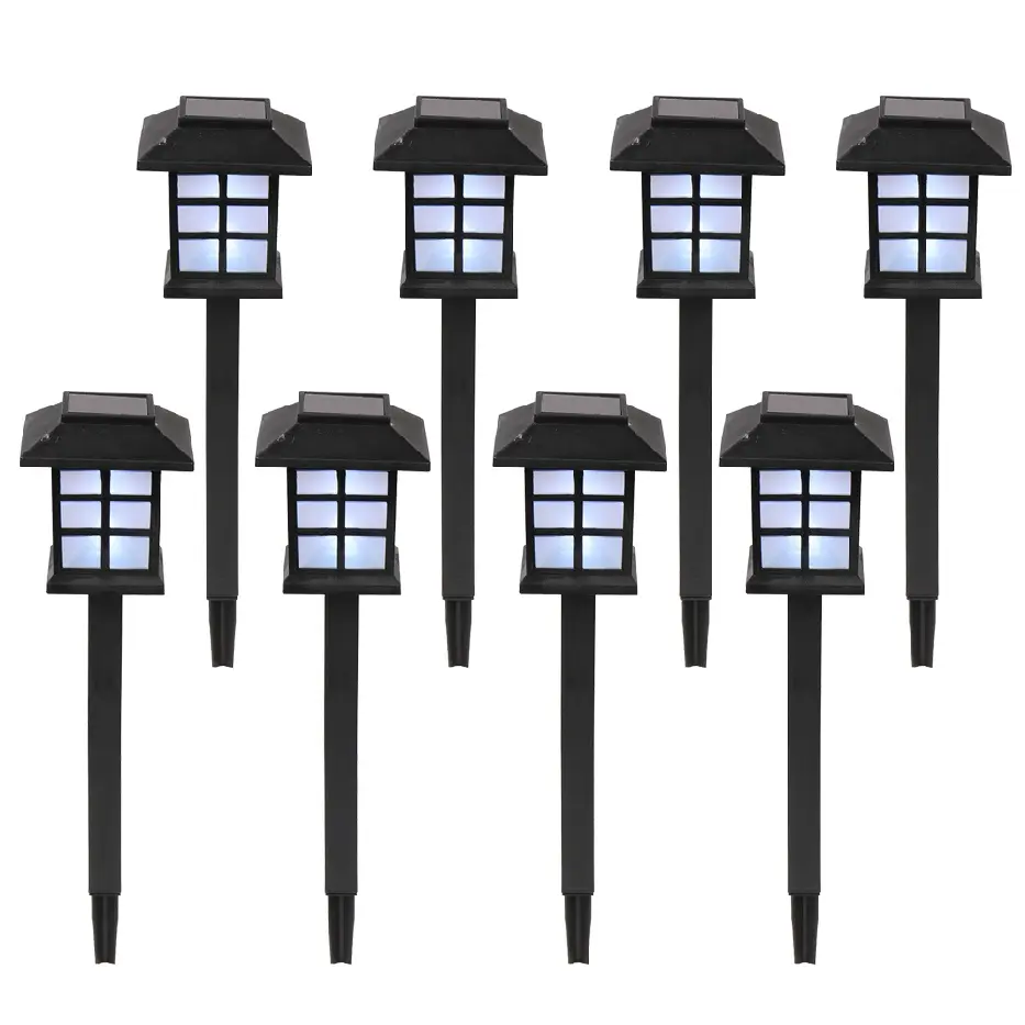 CalidoCasa 8-Pack White LED Solar Lanterns Outdoor Garden Pathway Lights Waterproof Solar-Powered Landscape Lighting with Vintage Lantern Design