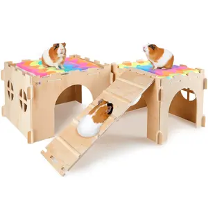 Guinea Pig Hideout, Guinea Pig House with Stairs and Mats Extra Large Guinea Pig Castle Detachable Hideouts for Small Animals Wooden Guinea Pig Habitats with Multiple Doors and Windows