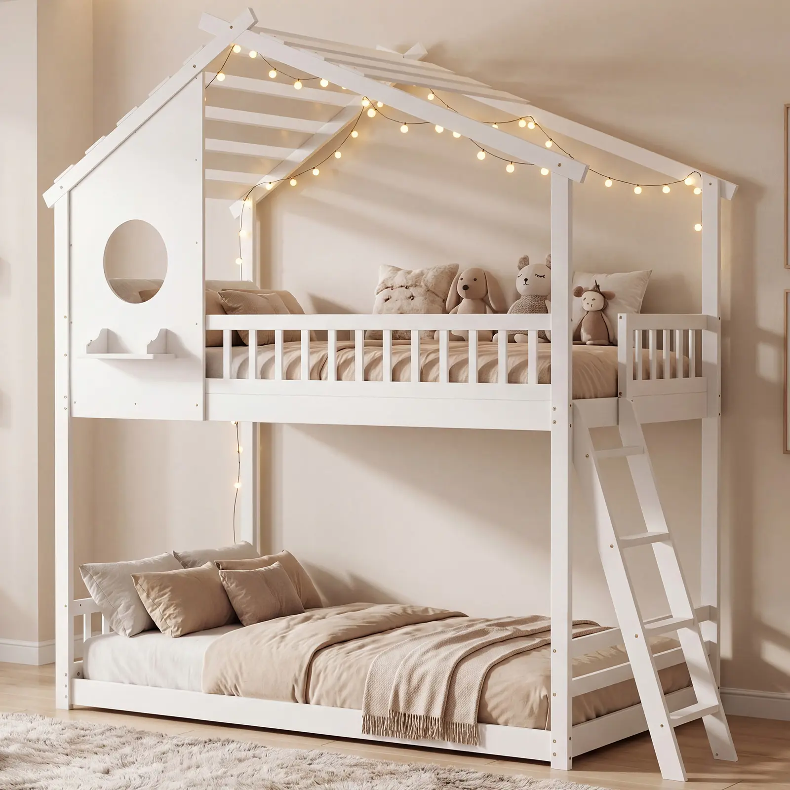 DUMOS Wood Twin Over Twin House Bunk Bed, Loft Bed with Ladder, Safety Guardrail, Wooden Slats & Window, Kids Twin Bed Frame for Teens Juniors, Freely Decorative House Roof