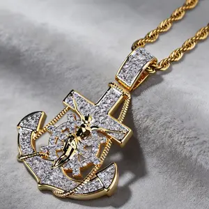 Hip Hop Anchor Helm Cross Moissanite Pendant Necklace for Men & Women Full Diamond Trendy Aesthetic Affordable Streetwear Jewelry Gift