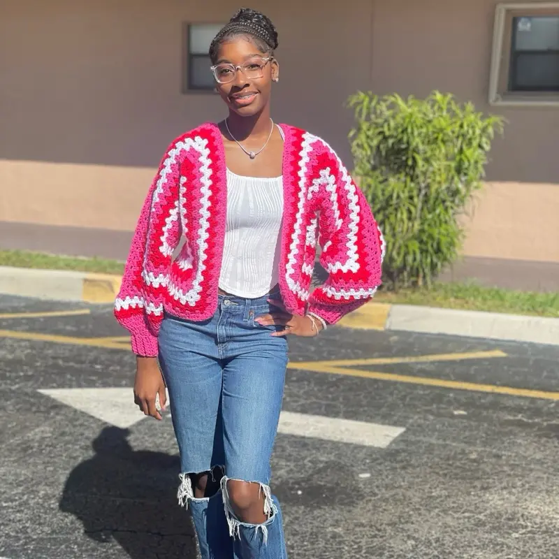 Crochet Hexagon Cardigan - Pink Knitwear for Women - Stylish Layering Accessory for Versatile Wear - Womenswear, Long Sleeve, Comfort Casual Lightweight Oversized