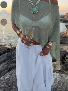 Women's Solid Boat Neck Off Shoulder Summer Lightweight Shiney Knit Top, Asymmetric Hem Design Loose Fit Flowy Knitted Shrug Cloak, Casual Vacation Beach Holiday Daily Wear, Summer Holiday Outfit, Shiny