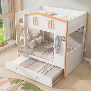 Full over Full Size Bunk Bed with Storage Shelves and Trundle, Wooden Bunk Bed Frame with House-shaped Guardrails, for Kids Teens Adults, White+Natural