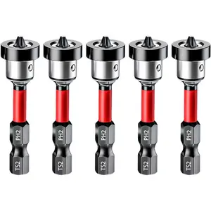 1/5pcs Drywall Screw Setter, Magnetic Positioning Screwdriver Bits PH2 Bits, 1/4" Hex Shank Drywall Screw Bit, Plasterboard Screws Locating Batch Head Drilling Tools, 50mm, Tool Accessories
