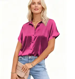 Silk Button Down Shirts for Women Satin Short Sleeve V Neck Casual Work Office Blouse Tunic Tops Lightweight & Breathable Fabric Classic Design Elegant Fit
