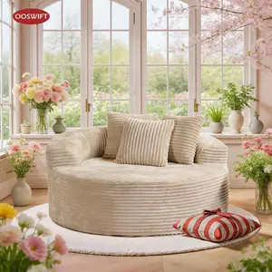 OOSWIFT 59" W Corduroy Single Foam Sofa, Oversized Round Chair with Pillows, Modern Sleeper for Living Rooms, Lounges, Nurseries and Projection Rooms, Wide-Arm Lounge Chair Armchair