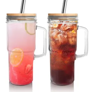 24oz Glass Mason Jar with Handle, Bamboo Lids and Stainless Steel Straws, Fall Cups Cute Clear Glass Tumbler for Iced Coffee, Smoothie, Tea, Water Mug Party Drinking Glasses Halloween Christmas Gift Idea