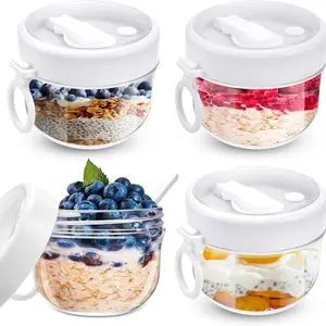 Overnight Oats Container with Lid & Spoon, 2 Counts/set Large Capacity Sealed Yogurt Container, Food Storage Container for Milk, Fruit, Oatmeal, Salad, Airtight Meal Prep