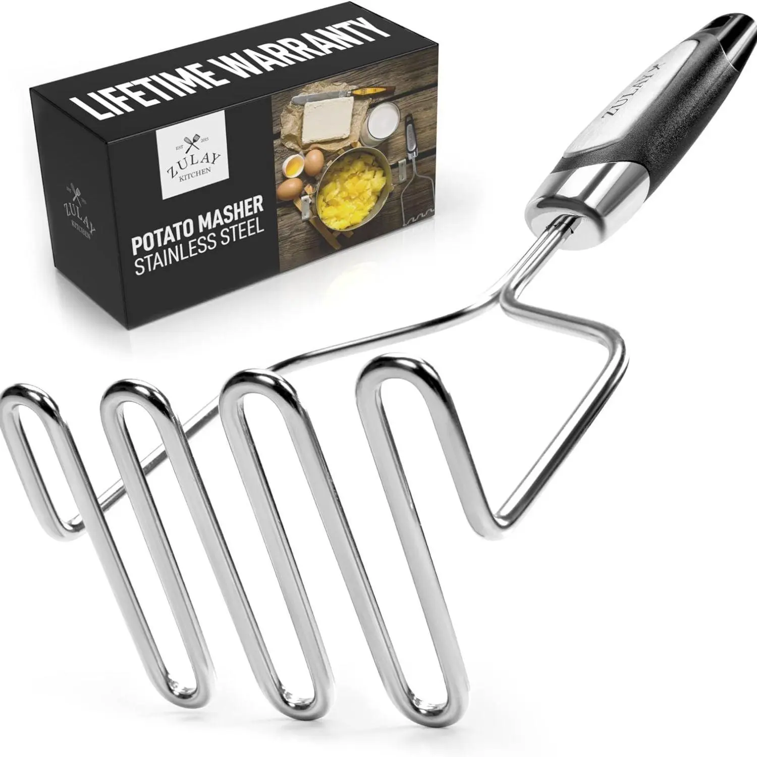 Zulay Kitchen Stainless Steel Potato Masher - Sturdy Utensil with Plastic Handle for Quick and Easy Mashed Potatoes and Vegetables Fruit Hanging