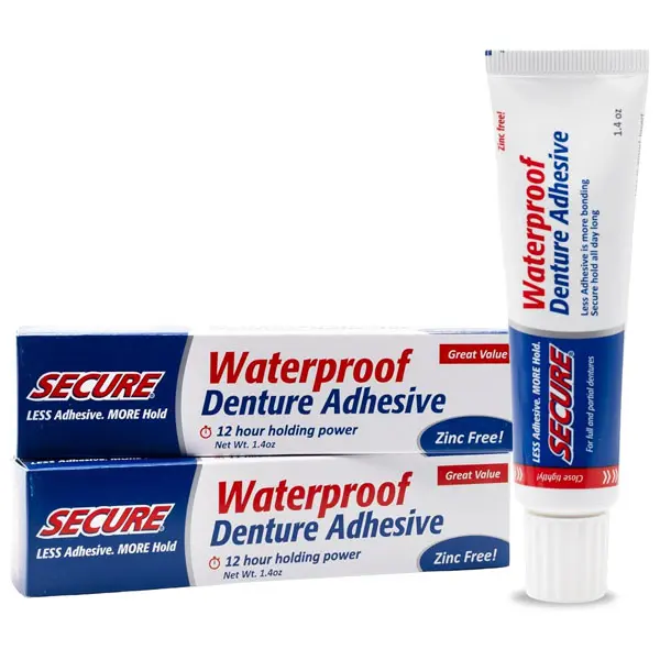 Secure Denture Adhesive Cream for Uppers, Lowers & Partials – Waterproof Seal & Zinc Free – Food Grade Ingredients – Less Adhesive, More Hold – Tube Lasts Up to 8 Weeks – 1.4 oz (2 Pack)