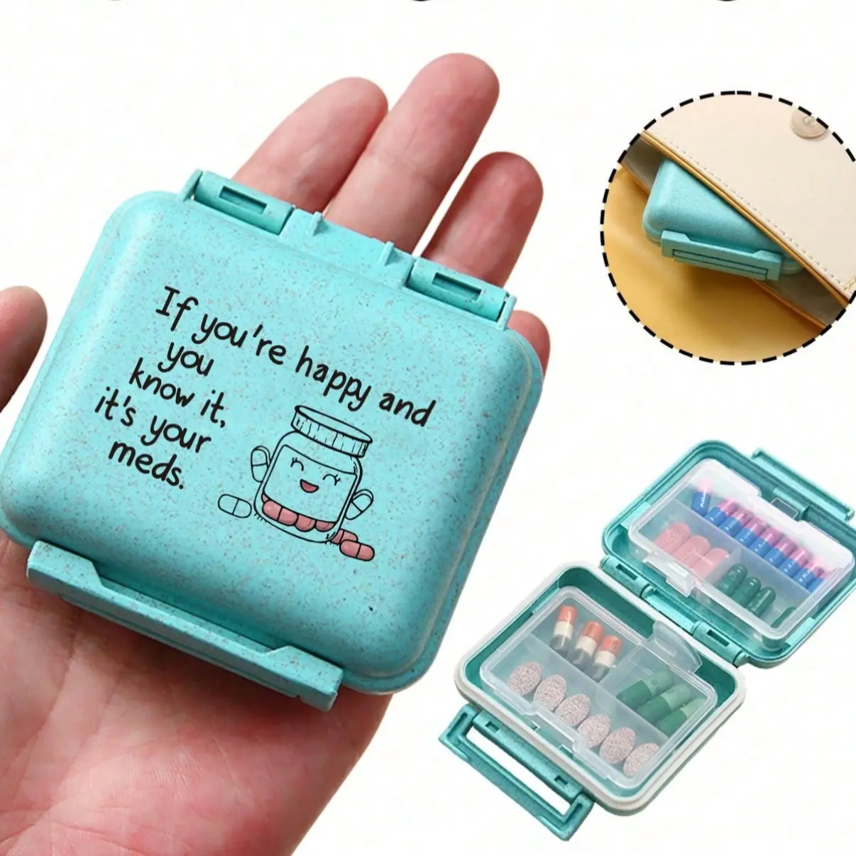 Mini Portable 6 Compartment Pill Box, Blue Cartoon Design, Weekly Medicine Organizer, Travel Essential, Daily Vitamin Holder, Pocket Wallet Style