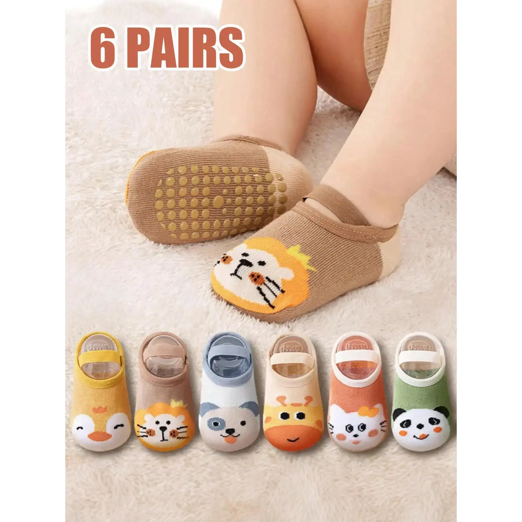 6 Pairs Kids Socks, Baby Toddler Non-Slip Indoor Floor Socks, Cartoon Animal Design, Unisex Children Anti-Skid Socks for Boys & Girls, Socks Set