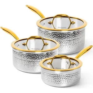 Michelangelo Triply Stainless Steel Saucepan Set, Luxury Hammered Cookware Stainless Steel Sauce Pans with Golden Handle, Premium Sauce Pot Set, Induction Compatible Cooking Pans Set