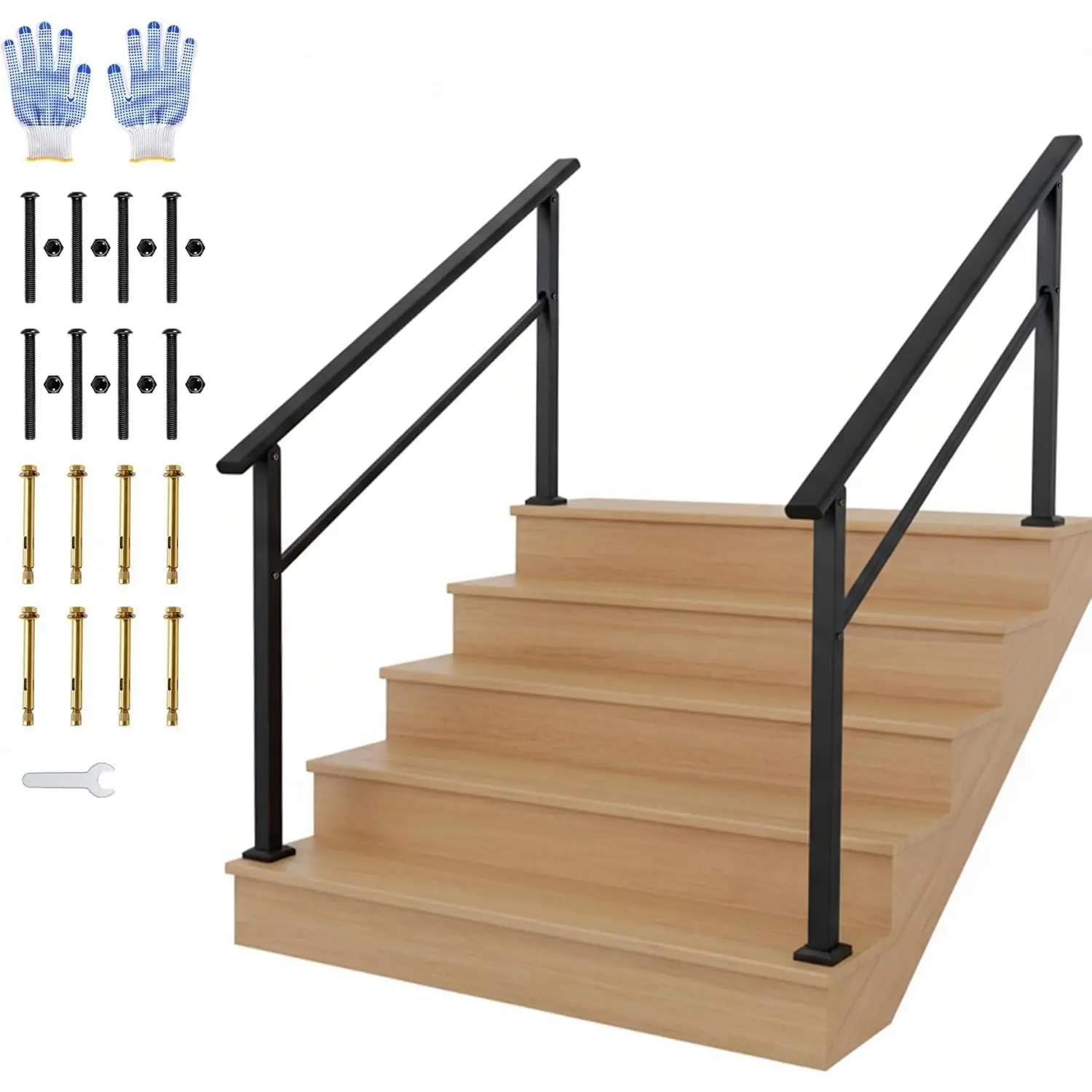 2-Pack 5-Step Indoor/Outdoor Handrail Kit - Black Aluminum Stair Railing with Iron Posts for Steps & Porch, Includes Gloves