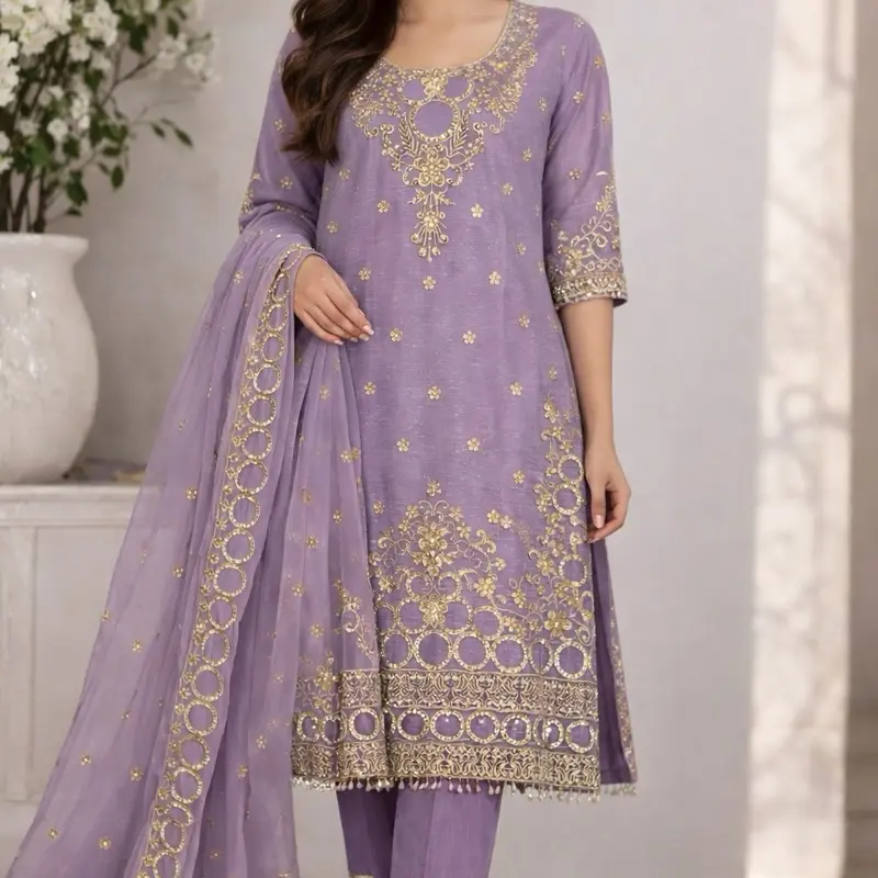 Women's Lavender Long Sleeve Full-Length Formal Dress - Elegant Party Attire with Gold Accents, Gemstone Detailing, Embroidery, Matching Dupatta for Special Occasions