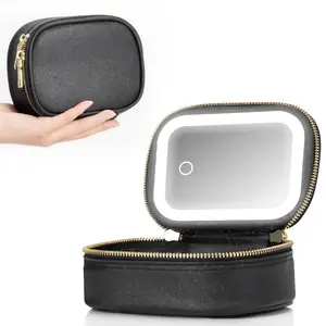 Portable Travel Makeup Bag with LED Fill-Light Mirror - Type-C Rechargeable Touch Dimmable Storage Case, Compact Cosmetic Organizer for Women, Makeup Organizer Pouch, Makeup Storage Box (Black/Pink/Leopard Print)