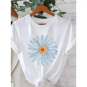 Women'S Casual Daisy Print T-Shirt  Short-Sleeved, Round-Neck, Lightweight And Breathable Summer Top, Bright Blue And White Design, Must-Have For Spring And Summer, Floral Print Shirt