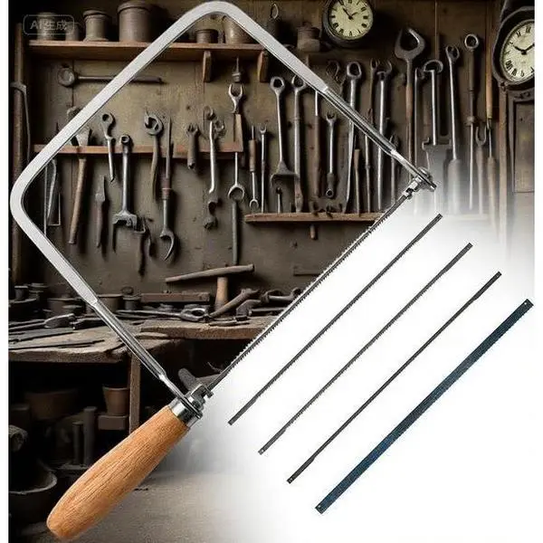 Aluminum-Brass Woodworking Coping Frame with Wooden Grip - 6.3 inches Deep Fret Saw Set, 5 Reusable Blades, Precision Cutting Tool for Smooth Cuts, Wood/Plastic/Metal, DIY Projects, Durable Hand Saw, Convenient Fret Saw Set