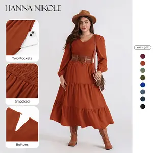 Hanna Nikole Women's Plus Size Dresses Long Sleeve V Neck Maxi Smocked Fall Casual Flowy Tiered Dress with Pockets SpringStatements