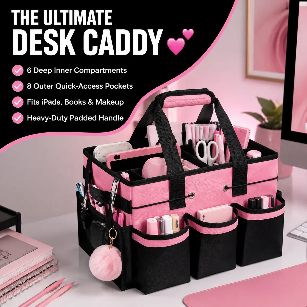 Large Capacity Bag Pink & Black Multi-Compartment Organizer Bag with Adjustable Straps and Pockets for Tools and Accessories