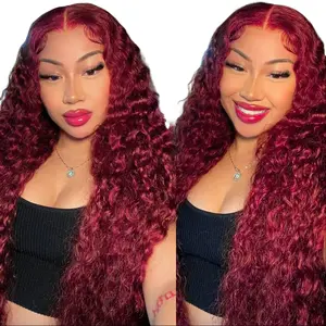 99J Burgundy Deep Wave Lace Front Wigs Human Hair 180 Density 13x6 HD Lace Frontal Wigs for Women 100% Real Human Hair No Synthetic Blend No Tangle No Shedding