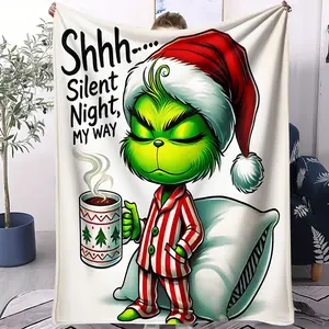 Christmas Grinch Pattern Blanket, All-Season Use, Suitable for Bed Sofa Car Room Decor, Perfect Gift for Kids and Adults, Single-Sided Print