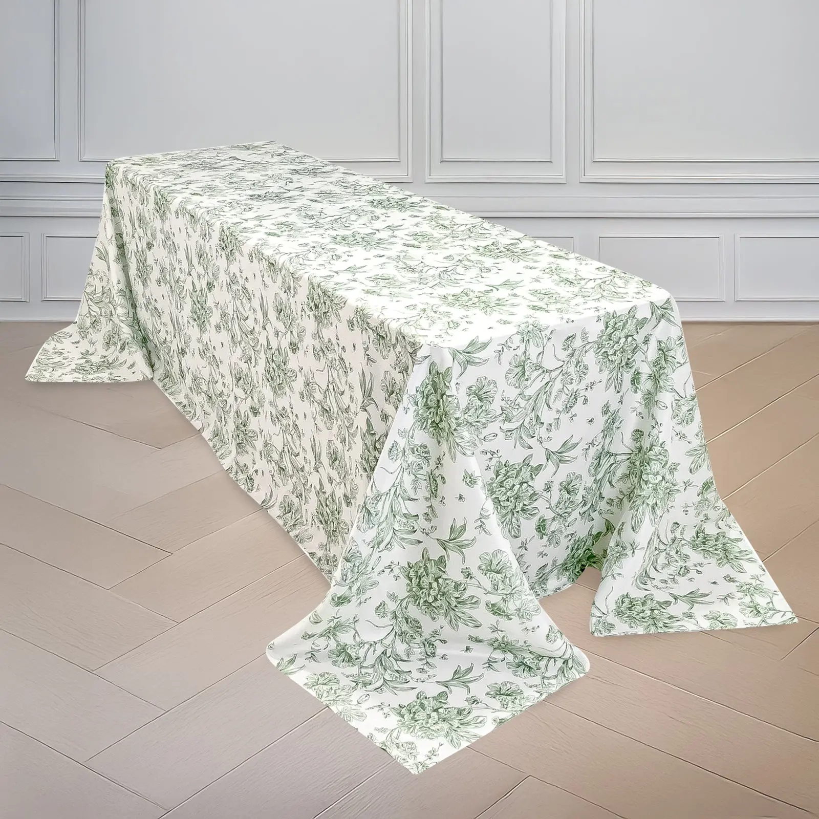 90"x132" Polyester Rectangle Tablecloth - White with Dusty Sage Green French Toile Pattern, Machine Washable, Sophisticated Seamless Outdoor Table Cover for Weddings & Events, Machine Wash