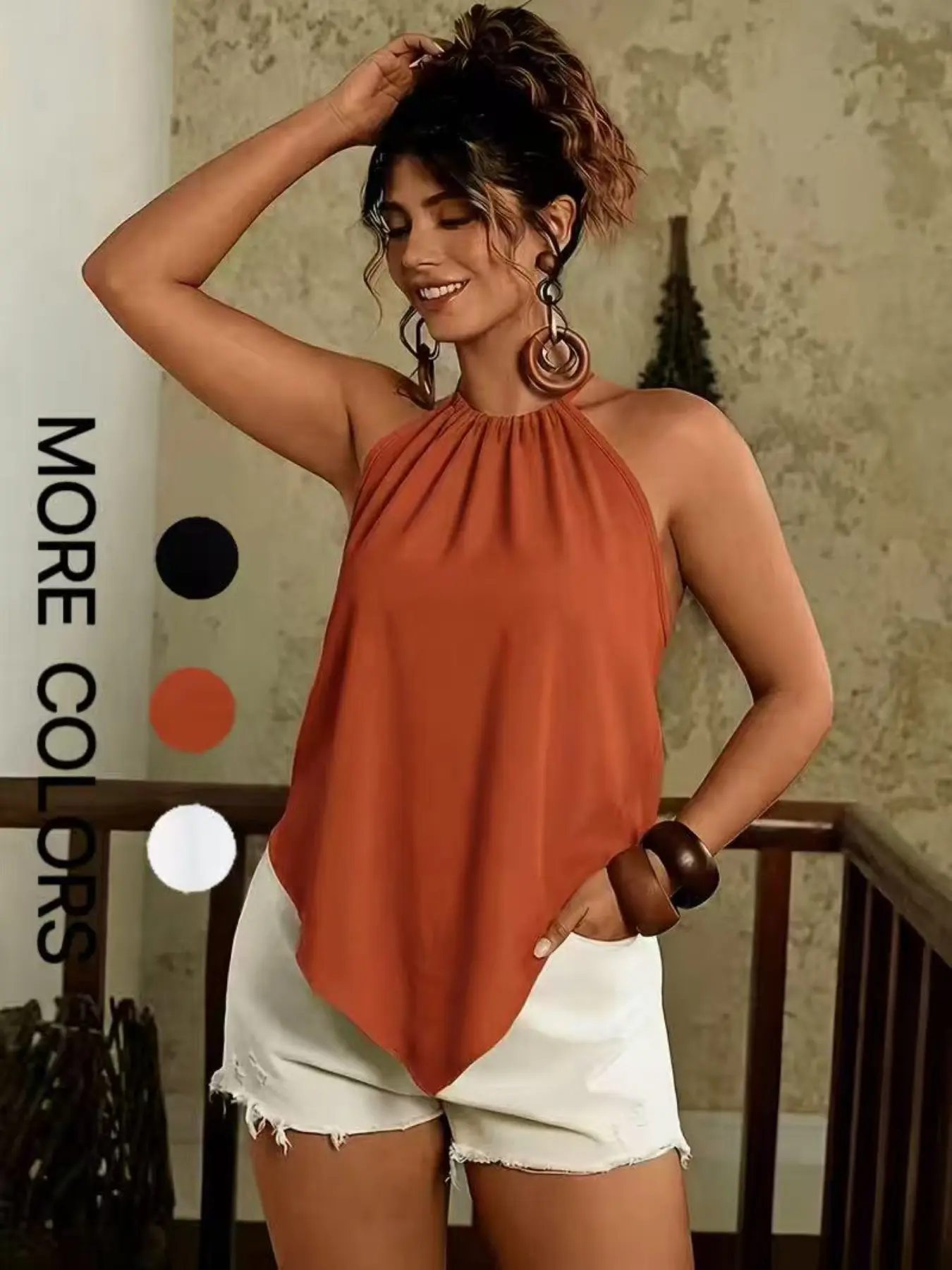 Summer Vacation Halter Neck Top, Asymmetrical Hem Sleeveless Top, Chic Sexy Backless Loose Fit, Ideal for Daily Wear, Travel & Dates, Womenswear