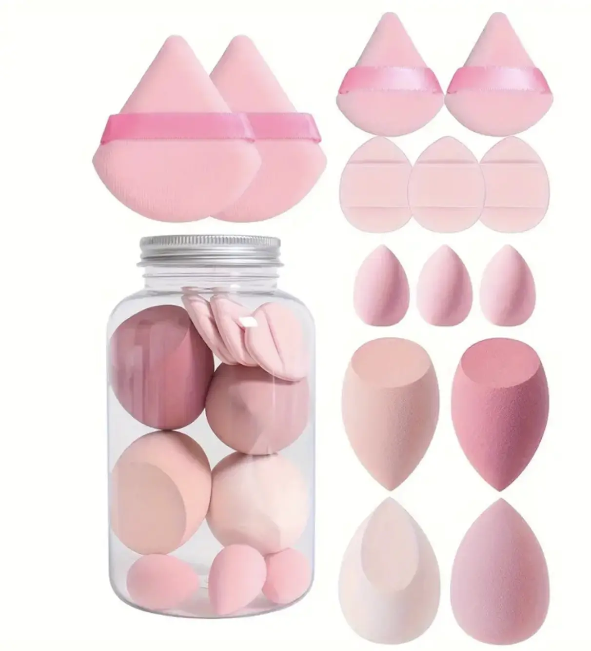 14-Piece Pink Makeup Sponge Set with Clear Storage Jar Multi-Shape Blending Sponges for Foundation Concealer Soft Bouncy Reusable Gentle Professional-Looking Makeup