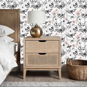 Peel-And-Stick Skull Floral Wallpaper, Sweet Cool Gothic Style, Removable Mould-Proof, Living Room Decor, Moving Gift