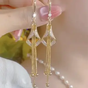 Gold Geometric Rhombus Long Tassel Zircon Earrings Women Fashion Personalized Daily Accessories Party Jewelry Christmas Gift