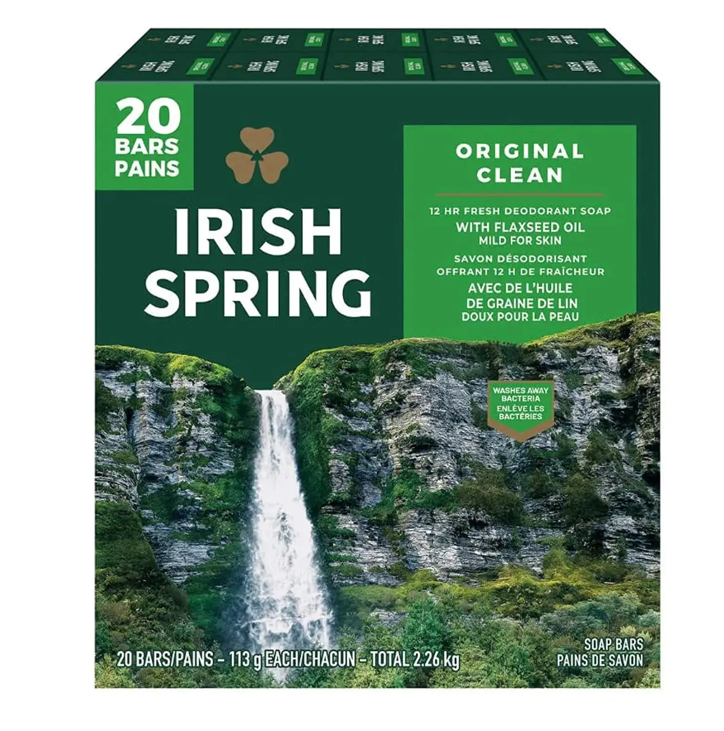 Irish Spring Men's Original Clean Scent Deodorant Bar Soap with Flaxseed Oil, Mild Antibacterial Cleanser, 12-Hour Freshness, 20 Bars, Hand Soap, Sudsy Lather, Body Wash Soap Body Hygiene Products Essential Oil Soap Cleansing Body Care Pack Aroma