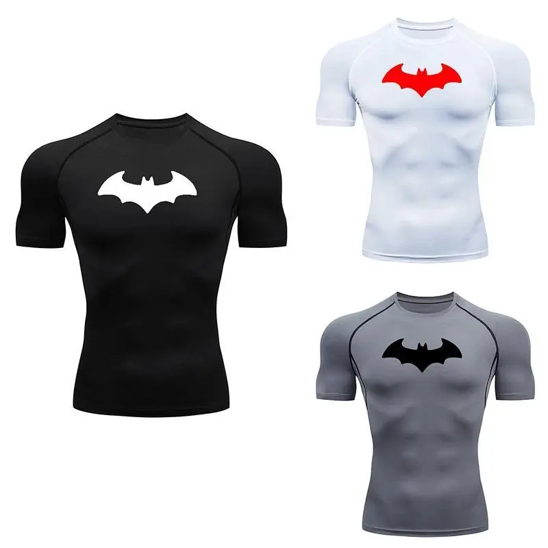 Bat Printed Men's Tight T-Shirt Running Compression Compression T Shirt Gym Fitness Jogging Short Sleeve Male Casual Shirt Tops