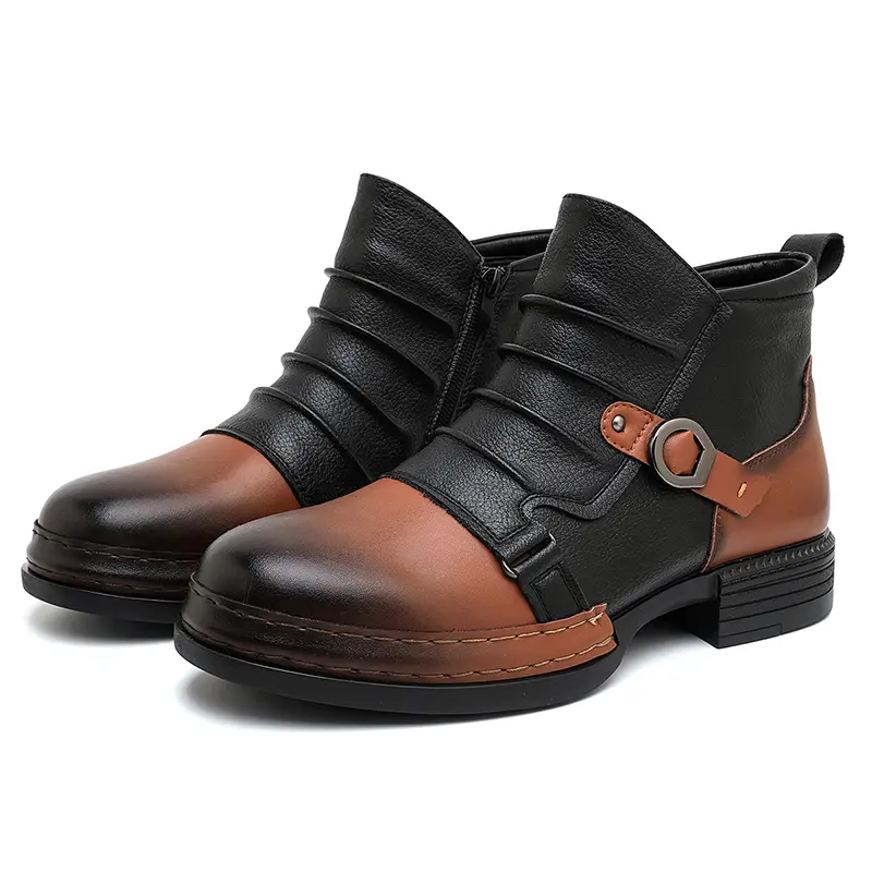 CYUW men’s brown-black contrast buckle short boots, trendy multi-layer lace motorcycle boots, smart casual workwear boots for outdoor streetwear footwear