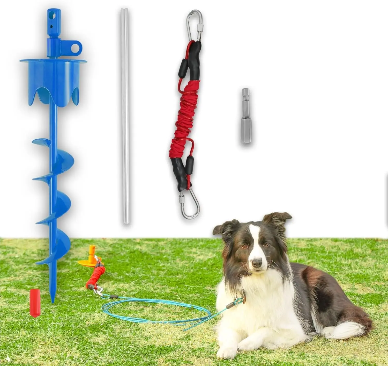 Dog Stakes for Outside Heavy Duty Hold up to 350Lbs Large Dogs Tie Out Tether Leash Chain for Yard Screw in Ground Anchors Set 17 inch Blue with Buffer Rope
