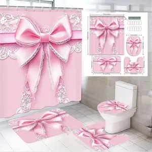 1/4pcs Pink Bathroom Set with Satin Bow & White Lace Trim - Shower Curtain, Toilet Cover, Bath Mat & Floor Mat - Valentine's Day Decor for Feminine Bathroom, Pink & White Decor Set, Bathroom Accessory, Bathroom Decorations