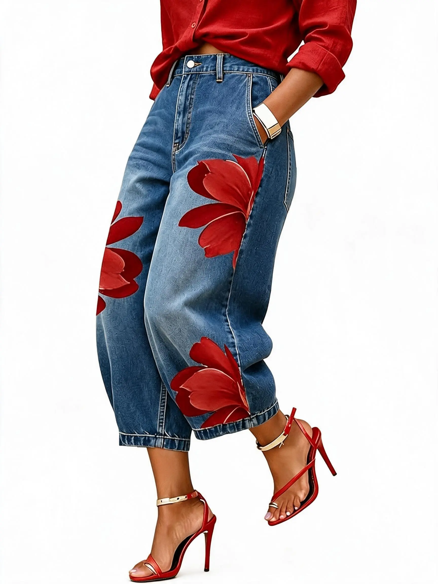 Stylewe Wide Leg Jeans for Women Floral Print Cropped Denim Pants | High Waisted Jeans,Baggy Denim Pants,Elastic Back Waist,Flower Print Bottoms,2026 Trendy Outfit Bottoms