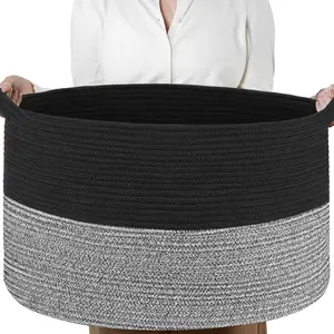 Sowyem XXXLarge Cotton Rope Basket 21.7" x 21.7" x 13.8" Woven Baby Laundry Blanket Basket Toy Basket with Handle Black Grey Storage Comforter Cushions Thread Laundry Hamper